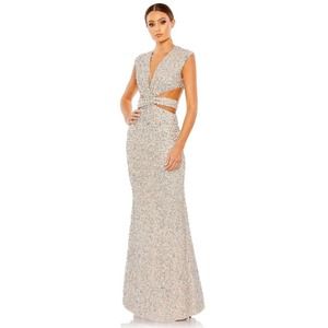 MAC DUGGAL SEQUINED CAP SLEEVE PLUNGE NECK CUT OUT GOWN DRESS SIZE 10